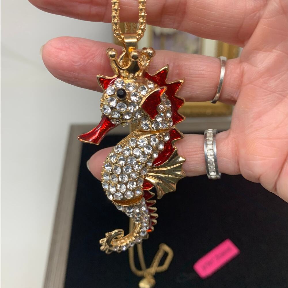 Vintage 80's Betsey Johnson Seahorse Necklace Clean Rhinestones Red Enamel 24"